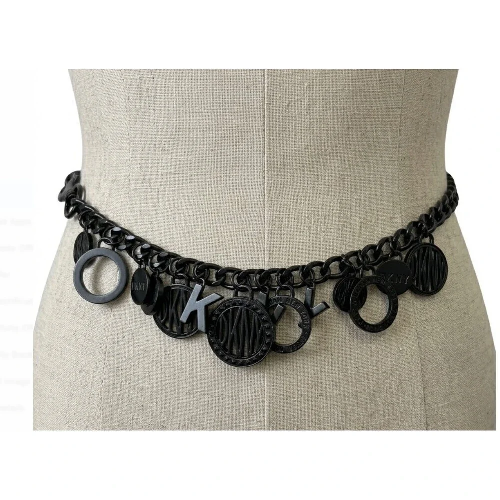 DKNY vintage Subway Token Logo Black Metal Chain Charm Belt 42